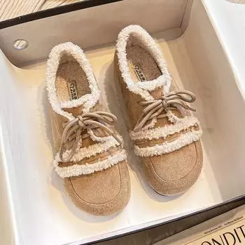 мода 2024 года, зимние женские плюшевые теплые зимние сапоги в корейском стиле, праздничная и рабочая одежда, женские повседневные туфли на плоской подошве, туфли-лоферы Мэри Джейн на шнуровке 35 чёрный