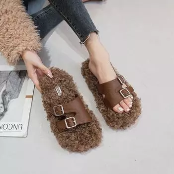 мода 2024 года, зимние женские плюшевые уличные тапочки, модный дизайн, корейский стиль, римская обувь, рабочая и праздничная одежда, повседневные женские туфли на плоской подошве 35 чёрный