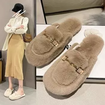 Мода 2024 года, зимняя женская обувь для отдыха на открытом воздухе, плюшевая теплая обувь в корейском стиле с металлическими украшениями, зимние ботинки, белые туфли-лодочки, женская повседневная обувь на плоской подошве 35 бежевый