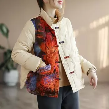 МОДА 2024 Китайский стиль ретро белый утиный пуховик женский этнический стиль цвет сочетающиеся пуговицы короткая куртка свободная теплая поверхность Одежда M чёрный