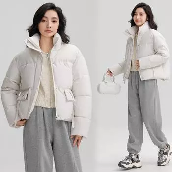 МОДА 2024 короткий воротник-стойка маленький пуховый хлопок одежда женская простая свободная версия утолщенный хлеб одежда куртка однотонная одежда M хаки