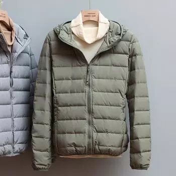 МОДА 2024 Легкий и тонкий пуховик женский универсальный легкий 90% белый утиный пух куртка с капюшоном воротник стойка Одежда S