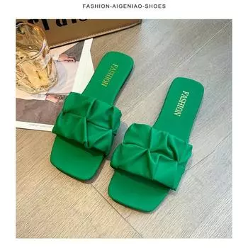 мода 2024 летние тапочки для женщин шлепанцы на плоской подошве новые плиссированные корейские тапочки женские сандалии зеленые туфли без застежек большой размер 35-42 35 бронзовый