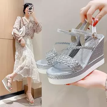 мода 2024 летние женские босоножки на танкетке сандалии на толстой подошве с открытым носком повседневная обувь на толстой подошве золотисто-серебристо-розовые босоножки 35 золотой