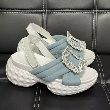 Мода 2024 Летние женские босоножки с круглым носком и толстым дном, с ромбовидным дизайном и пуговицами, модные босоножки для вечеринок, туфли на платформе 34 синий