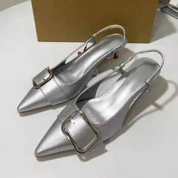 Мода 2024 Летние женские босоножки с металлической пряжкой сзади Повседневные туфли с острым носком на шпильке Серебристые черные офисные женские туфли на высоком каблуке 36 чёрный