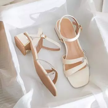 мода 2024 летние женские сандалии корейский стиль праздничная и рабочая одежда модный дизайн со стразами женские повседневные туфли на высоком каблуке большой размер 41-43 35 слоновая кость