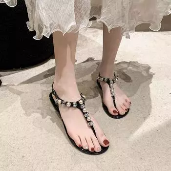 мода 2024 Летняя мода Новые сексуальные популярные удобные большие размеры милые плоские однотонные женские тапочки с круглым носком, украшенные бисером 36 бежевый