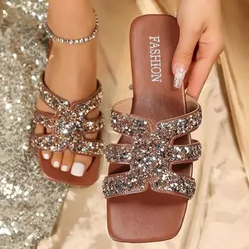 мода 2024 Летняя мода Новые сексуальные повседневные удобные однотонные босоножки со стразами Тапочки с квадратным носком на плоской подошве Zapatos Mujer 36 коричневый