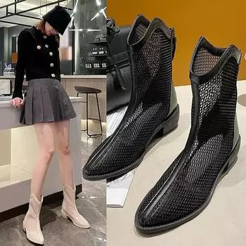 Мода 2024 Летняя обувь Женские сапоги Дышащие женские сетчатые туфли Летняя женская обувь Молния Черные Белые Ботинки на щиколотке 35 чёрный