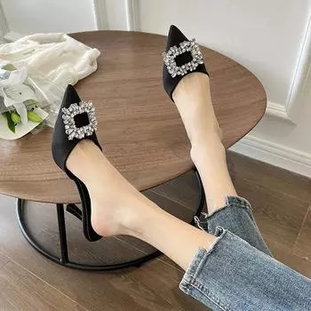 мода 2024 Летняя женская обувь Модные женские туфли Baotou на высоком каблуке, повседневные туфли на шпильке со стразами, женские туфли на высоком каблуке 35 чёрный