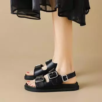 мода 2024 летняя женская верхняя одежда сандалии женские повседневные туфли на плоской подошве стильный металлический дизайн черные резиновые туфли рабочая одежда бесплатная доставка 35 чёрный