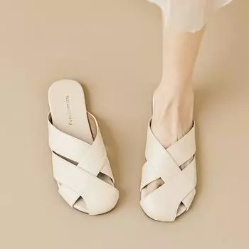 мода 2024 летняя женская верхняя одежда тапочки корейский стиль модный дизайн с неглубоким горлом туфли Мэри Джейн мюли женские повседневные туфли на плоской подошве 35 слоновая кость