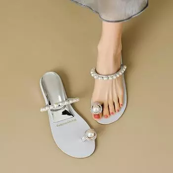 мода 2024 летняя женская верхняя одежда тапочки женские повседневные сандалии плоские туфли модный жемчужный дизайн простой стиль шлепанцы для ходьбы 35 серебряный