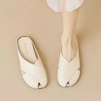 мода 2024 летняя женская верхняя одежда тапочки корейский стиль модный дизайн с неглубоким горлом туфли Мэри Джейн мюли женские повседневные туфли на плоской подошве 35 слоновая кость
