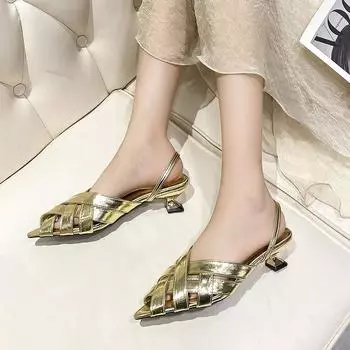 Мода 2024 Лето Бежевые Босоножки На Каблуке Туфли Дышащие Черные Низкие Модные Закрытые Новые Девочки Шпильки Открытые Комфортные Весенние Высокие Резиновые 35 серебряный