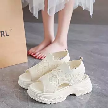 Мода 2024 Лето Большие Размеры Женская Обувь Удобная Повседневная Спортивная Обувь Женские Пляжные Босоножки На Танкетке Женские Босоножки На Платформе Римские Сандалии 35 белый