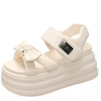 Мода 2024 Лето Дышащие 8 см Высокие каблуки Женские кожаные кроссовки Танкетка Толстые тапочки Sandalias Mujer Высокие босоножки на платформе Женские 34 бежевый