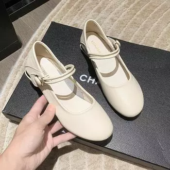 мода 2024 Лето и Осень Женская Обувь Оригинальные Новые Туфли Мэри Джейн Женские Туфли На Среднем Каблуке 35 бежевый