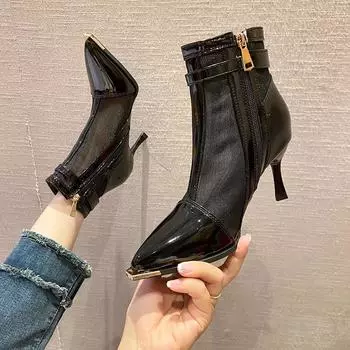 мода 2024 Лето Новая мода дышащие сетчатые босоножки на высоком каблуке женские остроконечные сексуальные римские сандалии с боковой молнией Zapatos De Mujer 34 белый