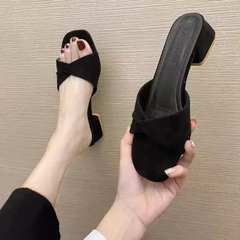 Мода 2024 Лето Новая мода Открытый носок Однотонный цвет Простая кожаная поверхность Карамельный цвет Большие тапочки на квадратном каблуке Туфли женские 35 бежевый