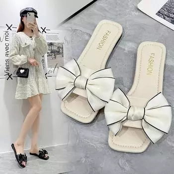 Мода 2024 Лето Новые Большие Размеры Шлепанцы Квадратные Плоские Тапочки Плоские Бантики Нескользящие Износостойкие Пляжные Туфли Без Застежек Плюс Размер 40 35 чёрный
