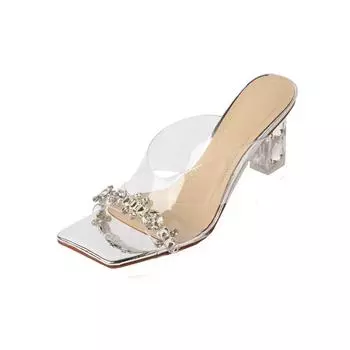 Мода 2024 Лето Новые Кристальные Прозрачные Шлепанцы Алмазные Тапочки Женская Одежда Толстые Модные Высокие Каблуки 35 серебряный