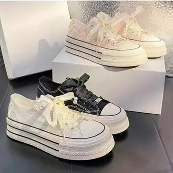 Мода 2024 Лето Новые Летние Женские Туфли На Платформе Вышитые Сетчатые Дышащие Холщовые Туфли Для Девочек Уличные Шнуровка Повседневные Кроссовки 35 чёрный