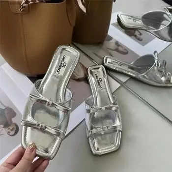 Мода 2024 Лето Новые Пляжные Туфли Открытый Носок Модные Тапочки С Двумя Бантиками Женские Тапочки На Плоской Подошве Женские Сандалии Плюс Размер 43 Zapatos 35 серебряный