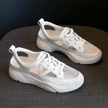 Мода 2024 Лето Новые Полые Кроссовки Женские Белые Повседневные Туфли Удобные Сетчатые Холщовые Сандалии Плоские Каблуки Женские Спортивные Теннисные Сандалии 36 серый