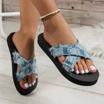 мода 2024 Лето Новые тапочки Женские Большие Размеры Перекрестные Ремешки Джинсовая Клетчатая Европейская и Американская Повседневная Плоская Пляжная Тапочки Zapatilla 36 чёрный