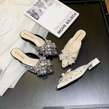 Мода 2024 Лето Новые Туфли для Женщин Новые Тапочки Для Девочек Превосходные Повседневные Сандалии Для Девочек Каблуки Мюли Туфли 35 бежевый