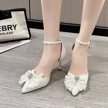 Мода 2024 Лето Новые Внешние Сандалии Женские Остроконечные Бантики Жемчужины Мелкий Рот Стиль Феи Удобные Туфли На Высоком Каблуке 34 синий