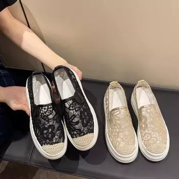 Мода 2024 Лето Новые Воздухопроницаемые Туфли На Плоской Подошве Сетчатые Кружева Повседневная Женская Обувь Модные Туфли С Толстой Подошвой, Увеличивающие Рост Лафы Слипоны Одиночные Туфли 35 хаки
