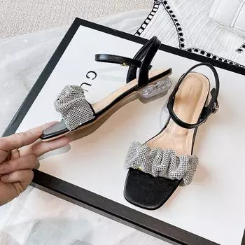 мода 2024 лето новые женские сандалии для отдыха на открытом воздухе повседневные высокие каблуки модный дизайн со стразами корейский стиль банкетная одежда большой размер 41-43 35 чёрный