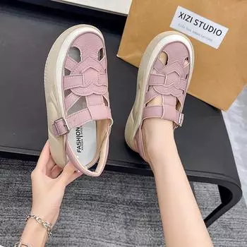 Мода 2024 Лето Новые женские сандалии на толстой подошве с круглым носком Повседневные удобные нескользящие сандалии на высоком каблуке 35 бежевый