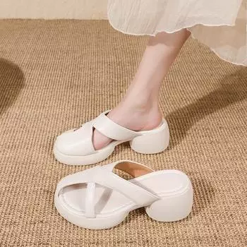 Мода 2024 Лето Новые Женские Сандалии Натуральная Кожа Круглый Носок Повседневные Офисные Женские Туфли На Толстом Среднем Каблуке Для Женщин 35 абрикосовый