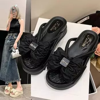 Мода 2024 Лето Новые женские тапочки Обувь Модные Открытые Носки Толстая Подошва Открытый Бантик Пляж Однотонные Повседневные Тапочки Женские Сандалии 35 абрикосовый