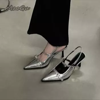 мода 2024 Лето Новый Бренд Женские Сандалии Мода Острый Носок Мелкая Пряжка Женские Платья Босоножки Слингбэк Высокий Каблук Мюли Сандалии 35 чёрный