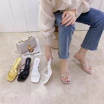 мода 2024 Лето Новый Дизайн Женские Туфли На Высоком Каблуке Мюли Шлепанцы Женские Неоновые Каблуки Внешние Тапочки Женские Платформы Реплика Туфли С Открытым Носком 35 чёрный