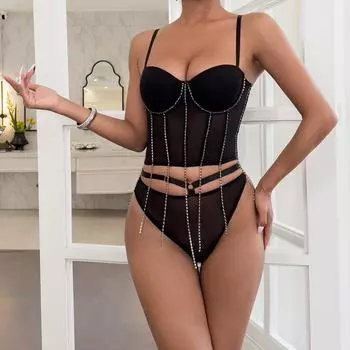 МОДА 2024 Лето Новый Горячий Комплект Нижнего Белья с Прозрачной Сеткой и Цепочкой для Корректирования Фигуры L