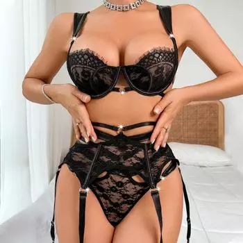 МОДА 2024 Лето Новый продукт Женская мода кружевная лента стальные кольца сборка бюстгальтер комплект сексуальное и забавное нижнее белье комплект из 3 предметов L