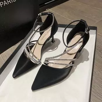 мода 2024 Лето Повседневная Мода Острый Носок Шпилька Женские Сандалии Новые Элегантные Банкетные Удобные Туфли На Высоком Каблуке 33 бежевый