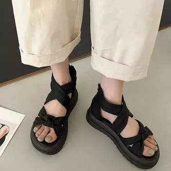 мода 2024 Лето Рим Женские сандалии Мода Открытый носок Гладиаторские сандалии Обувь Комфорт Платформа Плоский каблук Уличное платье Сандалии 35 бежевый