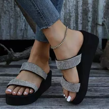 Мода 2024 Лето Рыбий Рот Слайды Стразы Склон с Словом Полые Тапочки Внешняя Обувь для Женщин Большой Размер 43 Сандалии Женские 36