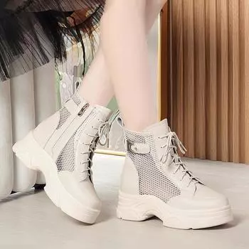 мода 2024 Лето Сетчатая Поверхность Туфли Женские Толстые Танкетка Платформа Высокий Каблук Увеличивающиеся Короткие Сапоги Дышащие Модные Удобные 35(Foot22.5cm)