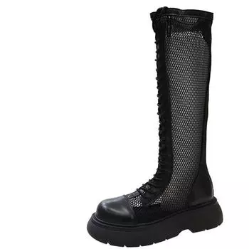 мода 2024 Лето Сетчатые Высокие Сапоги Женские Воздухопроницаемые Сетчатые Рыцарские Сапоги Толстые Полые Носки Носки Длиной До Колена Крутые Сапоги 35 чёрный