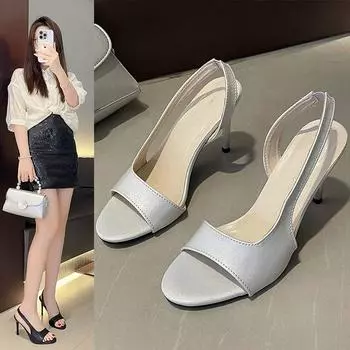 Мода 2024 Лето Тонкие Высокие Каблуки Женские Сандалии Лаконичные Элегантные Натуральная Кожа Вечеринка Офисные Дамы Ремешок На Лодыжке Туфли Женские Базовые Новые 36 чёрный