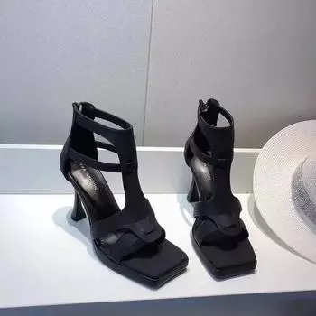 мода 2024 Лето Высокий каблук Женские босоножки с квадратным носком Римские туфли Сексуальные ретро-тапочки Модные шлепанцы с открытым носком Женские шлепанцы Туфли-лодочки 34 чёрный