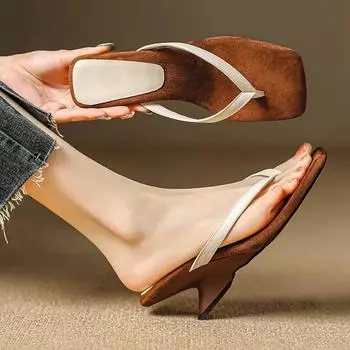 мода 2024 Лето Женщин Отдых Клипс Носок Тапочки Модные Толстый Каблук Дамы Открытый Слайды Женские Шлепанцы Туфли 35 бежевый